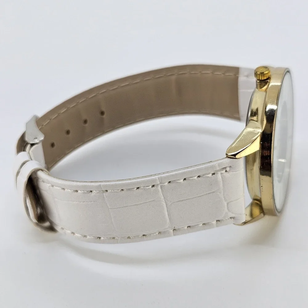 Unisex Analog Watch 40MM White Dial White Faux Leather Bands New Battery